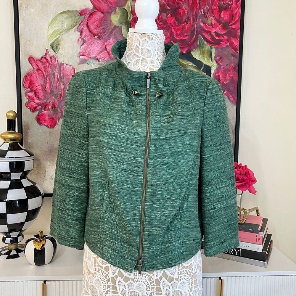 Worth New York Women's Tweed Stand-Up Collar Full-Zip Silk Jacket Green Small